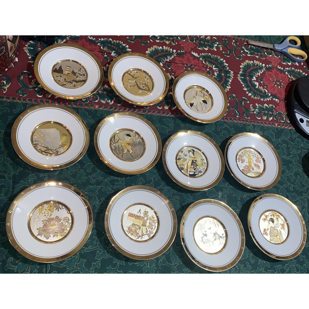 Japanese Floral Calendar Collection Chokin Plates New Year's Day-Set Of 11 W/COA